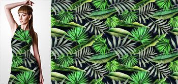12019 Materiał ze wzorem szare malowanie zielone tropikalne liście (monstera, palmy)